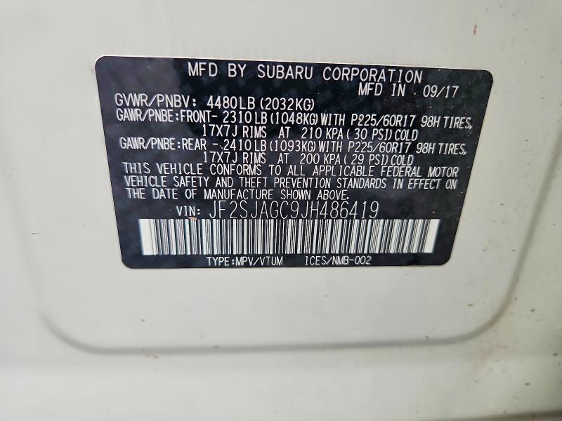 2018 Subaru Forester მანქანა იყიდება აუქციონზე, vin: JF2SJAGC9JH486419, აუქციონის ნომერი: 61373626