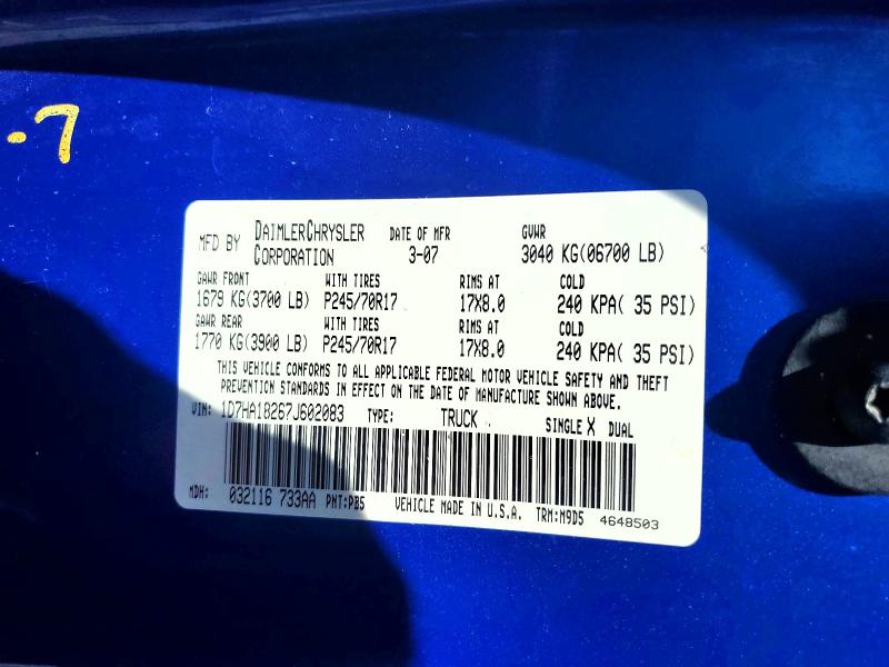 60237796 :رقم المزاد ، 1D7HA18267J602083 vin ، 2007 Dodge Ram 1500 مزاد بيع