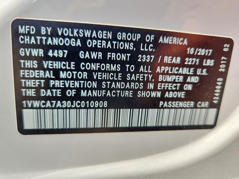 Aukcja sprzedaży 2018 Volkswagen Passat, vin: 1VWCA7A30JC010908, numer aukcji: 60656296