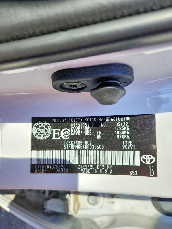 2022 Toyota Corolla მანქანა იყიდება აუქციონზე, vin: 5YFBPMBE4NP333500, აუქციონის ნომერი: 61412116