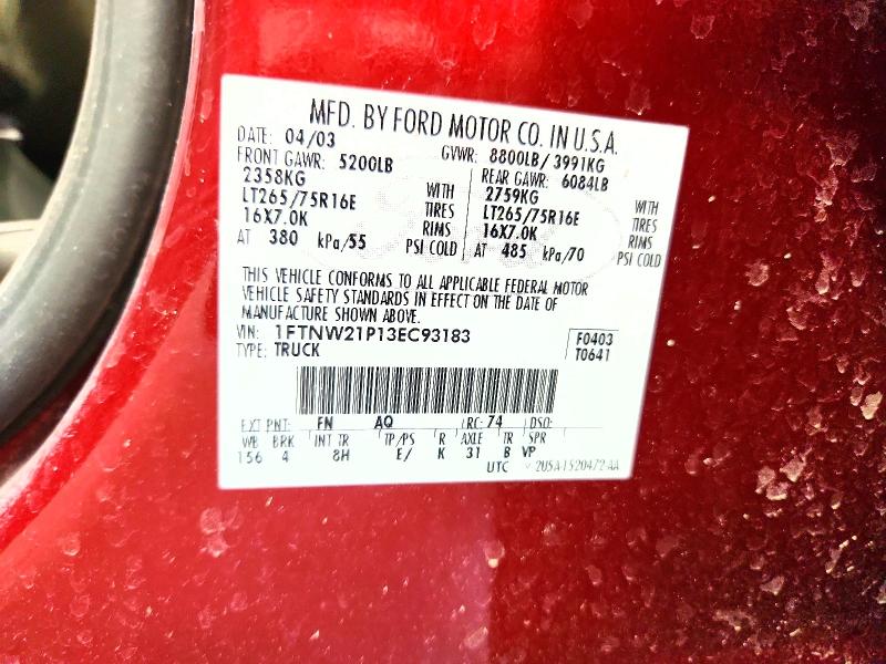 61143436 :رقم المزاد ، 1FTNW21P13EC93183 vin ، 2003 Ford F250 مزاد بيع