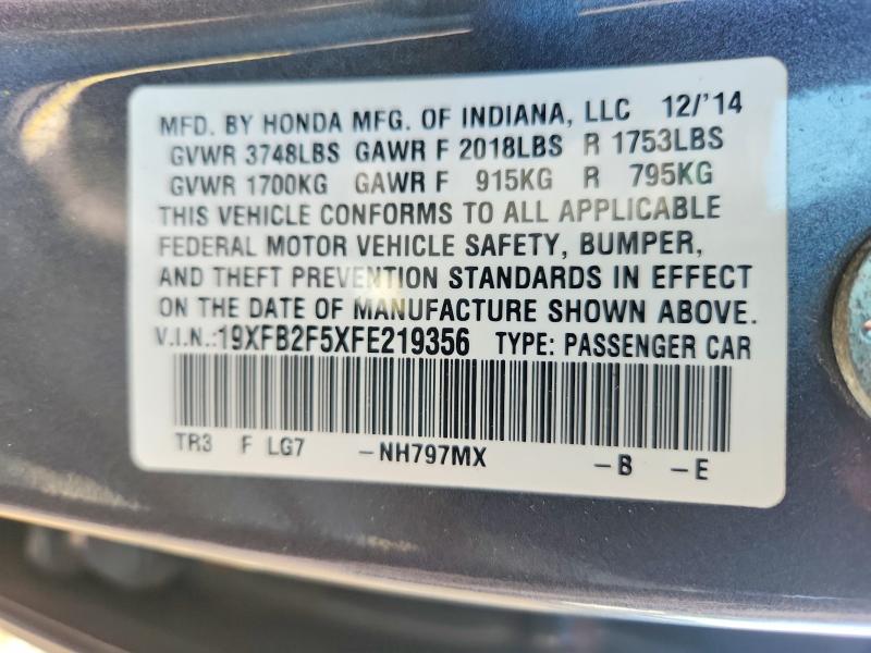2015 Honda Civic მანქანა იყიდება აუქციონზე, vin: 19XFB2F5XFE219356, აუქციონის ნომერი: 58783516