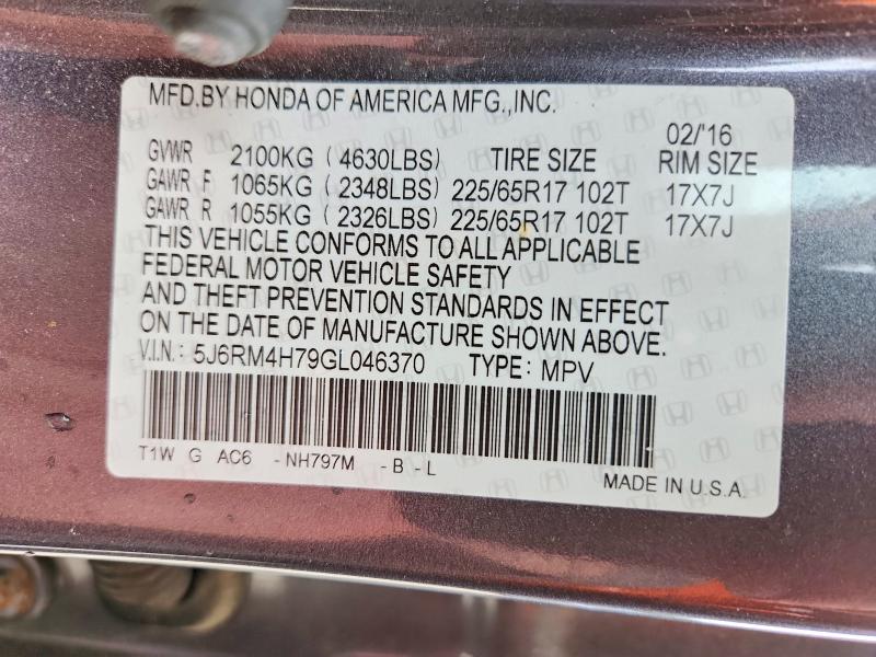 61616916 :رقم المزاد ، 5J6RM4H79GL046370 vin ، 2016 Honda Cr-v مزاد بيع