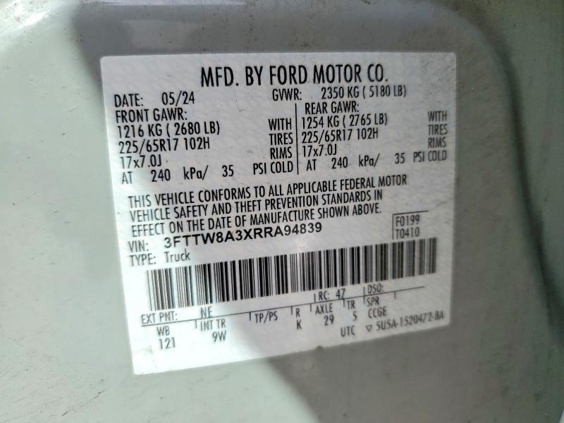 58929686 :رقم المزاد ، 3FTTW8A3XRRA94839 vin ، 2024 Ford Maverick مزاد بيع
