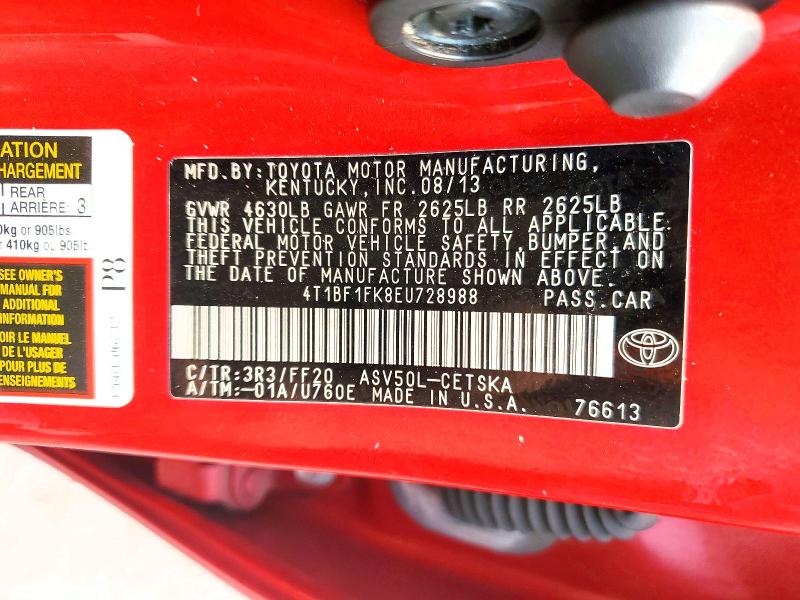2014 Toyota Camry მანქანა იყიდება აუქციონზე, vin: 4T1BF1FK8EU728988, აუქციონის ნომერი: 61305726