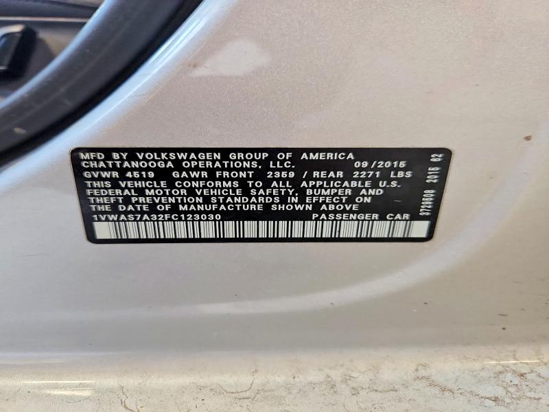 61183376 :رقم المزاد ، 1VWAS7A32FC123030 vin ، 2015 Volkswagen Passat مزاد بيع