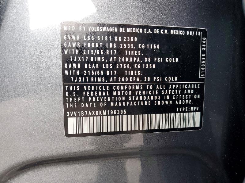 Продажа на аукционе авто 2019 Volkswagen Tiguan, vin: 3VV1B7AX0KM196395, номер лота: 61696986