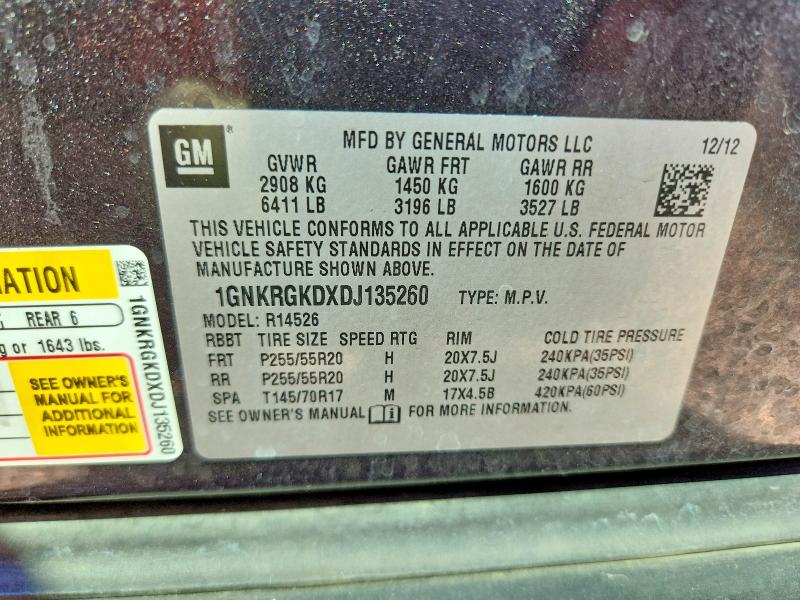 Aukcja sprzedaży 2013 Chevrolet Traverse, vin: 1GNKRGKDXDJ135260, numer aukcji: 61342246