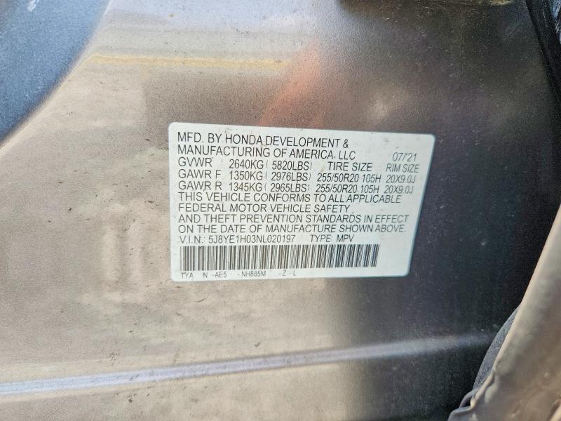 69099056 :رقم المزاد ، 5J8YE1H03NL020197 vin ، 2022 Acura Mdx مزاد بيع