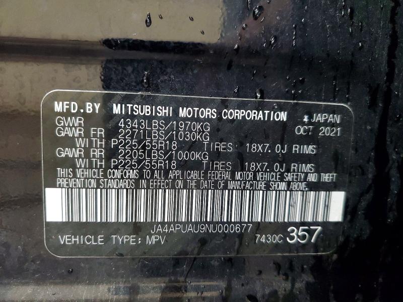 2022 Mitsubishi Outlander Sport მანქანა იყიდება აუქციონზე, vin: JA4APUAU9NU000677, აუქციონის ნომერი: 60716166