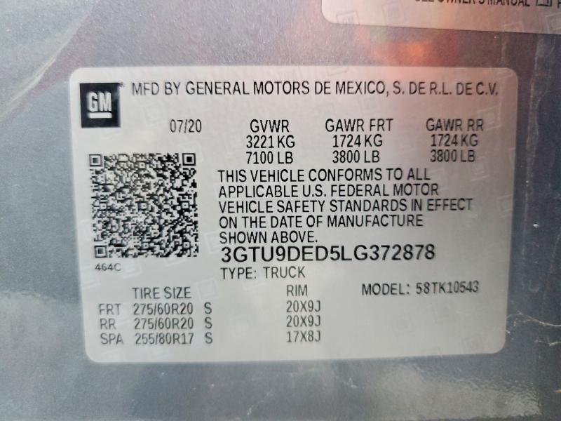 Aukcja sprzedaży 2020 Gmc Sierra, vin: 3GTU9DED5LG372878, numer aukcji: 62797866