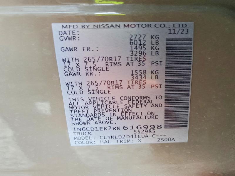 2024 Nissan Frontier მანქანა იყიდება აუქციონზე, vin: 1N6ED1EK2RN616998, აუქციონის ნომერი: 60573286