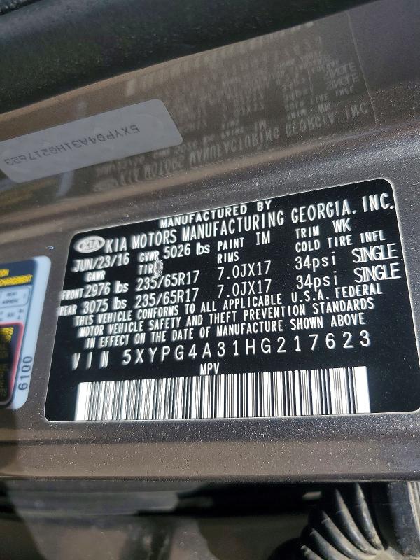 59868996 :رقم المزاد ، 5XYPG4A31HG217623 vin ، 2017 Kia Sorento مزاد بيع