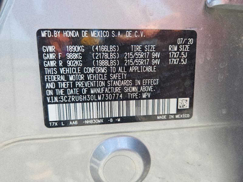 59960966 :رقم المزاد ، 3CZRU6H30LM730774 vin ، 2020 Honda Hr-v مزاد بيع