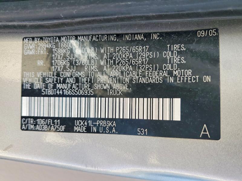 2006 Toyota Tundra მანქანა იყიდება აუქციონზე, vin: 5TBDT44166S506935, აუქციონის ნომერი: 60757366