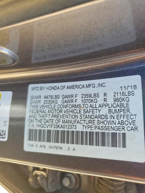 Aukcja sprzedaży 2019 Honda Accord, vin: 1HGCV1F33KA012373, numer aukcji: 60064916