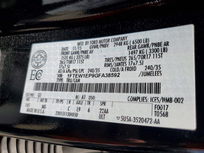 Aukcja sprzedaży 2016 Ford F150, vin: 1FTEW1EP9GFA38592, numer aukcji: 61149476