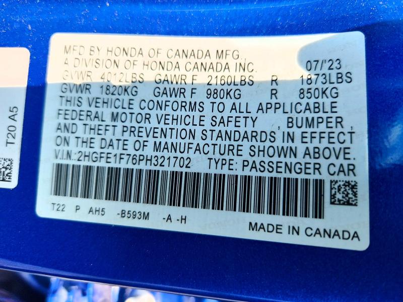 2023 Honda Civic მანქანა იყიდება აუქციონზე, vin: 2HGFE1F76PH321702, აუქციონის ნომერი: 60420246