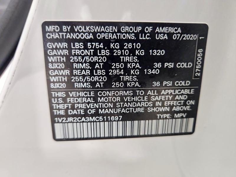 Aukcja sprzedaży 2021 Volkswagen Atlas, vin: 1V2JR2CA3MC511697, numer aukcji: 58996026