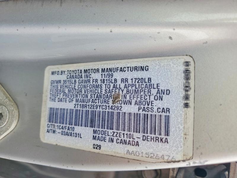 Aukcja sprzedaży 2000 Toyota Corolla, vin: 2T1BR12E9YC314292, numer aukcji: 59308686