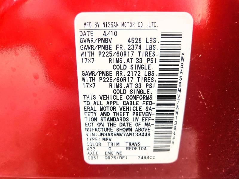 61311416 :رقم المزاد ، JN8AS5MV7AW139448 vin ، 2010 Nissan Rogue مزاد بيع