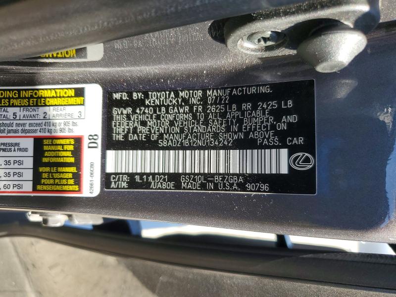 2022 Lexus Es 350 მანქანა იყიდება აუქციონზე, vin: 58ADZ1B12NU134242, აუქციონის ნომერი: 61926256