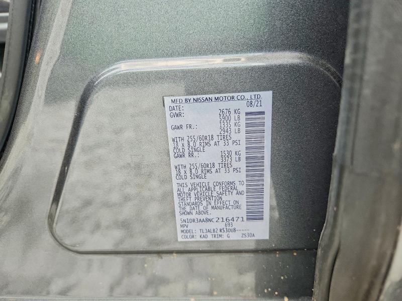 2022 Nissan Pathfinder მანქანა იყიდება აუქციონზე, vin: 5N1DR3AA8NC216471, აუქციონის ნომერი: 61557246