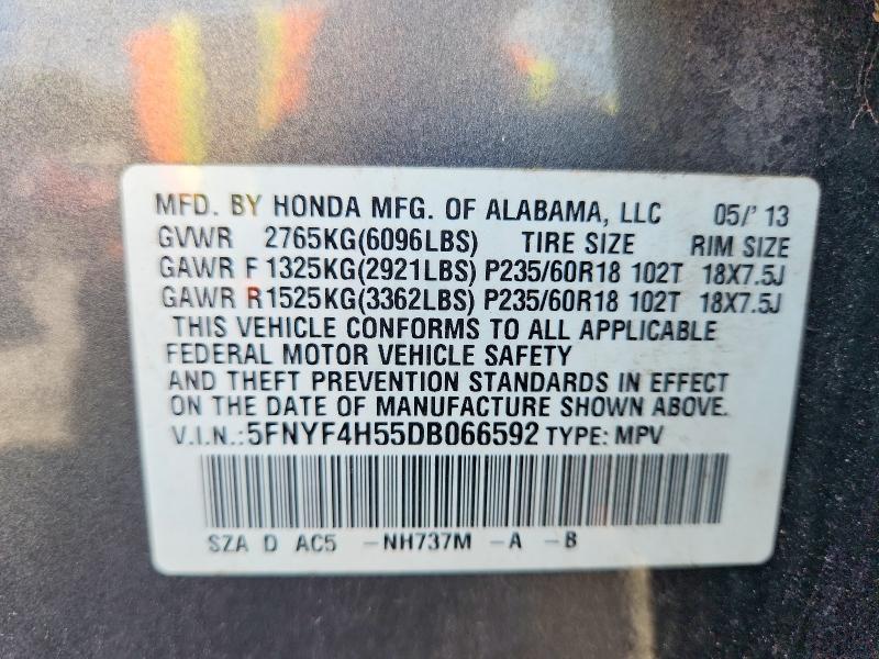 60086916 :رقم المزاد ، 5FNYF4H55DB066592 vin ، 2013 Honda Pilot مزاد بيع
