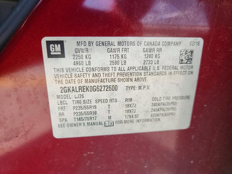 58306806 :رقم المزاد ، 2GKALREK0G6272600 vin ، 2016 Gmc Terrain مزاد بيع