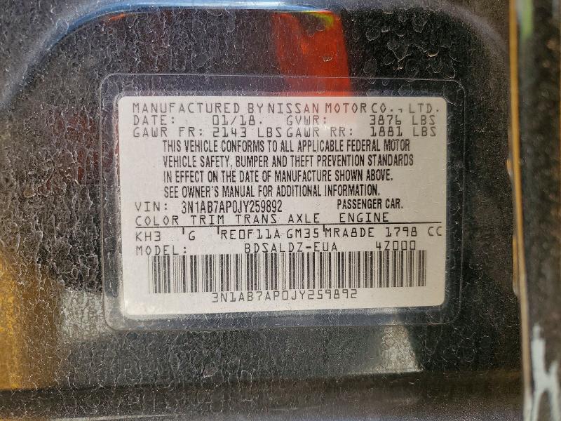 62354126 :رقم المزاد ، 3N1AB7AP0JY259892 vin ، 2018 Nissan Sentra مزاد بيع