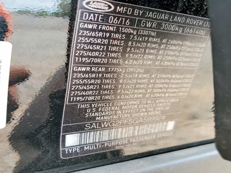 Aukcja sprzedaży 2016 Land Rover Range Rover Sport, vin: SALWG2PF5GA599924, numer aukcji: 59773126