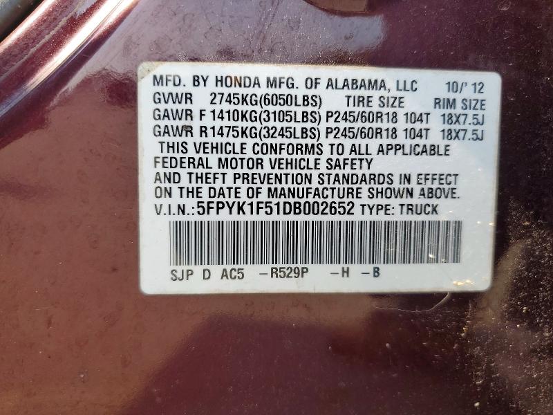 62950036 :رقم المزاد ، 5FPYK1F51DB002652 vin ، 2013 Honda Ridgeline مزاد بيع