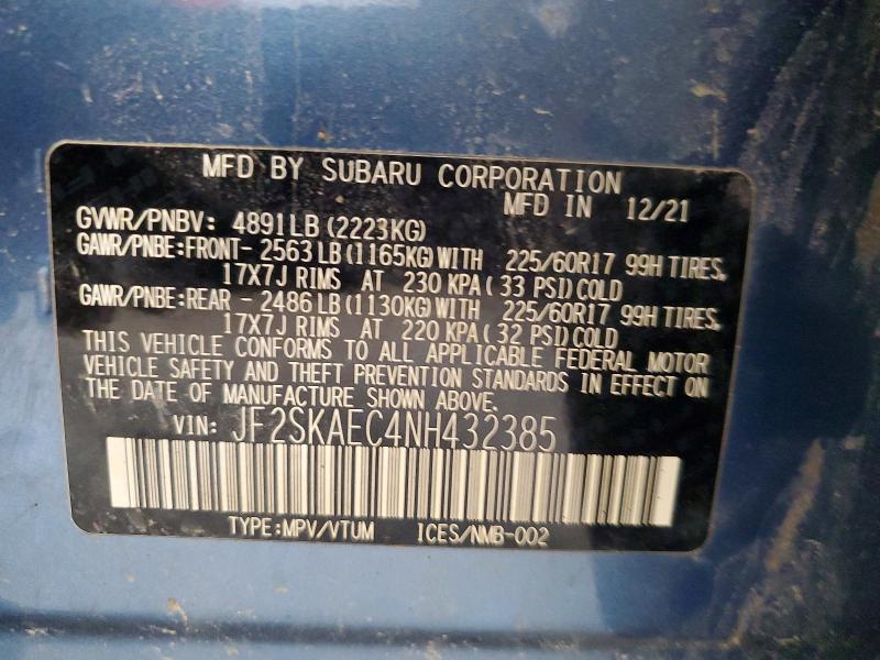 Продажа на аукционе авто 2022 Subaru Forester, vin: JF2SKAEC4NH432385, номер лота: 59841536