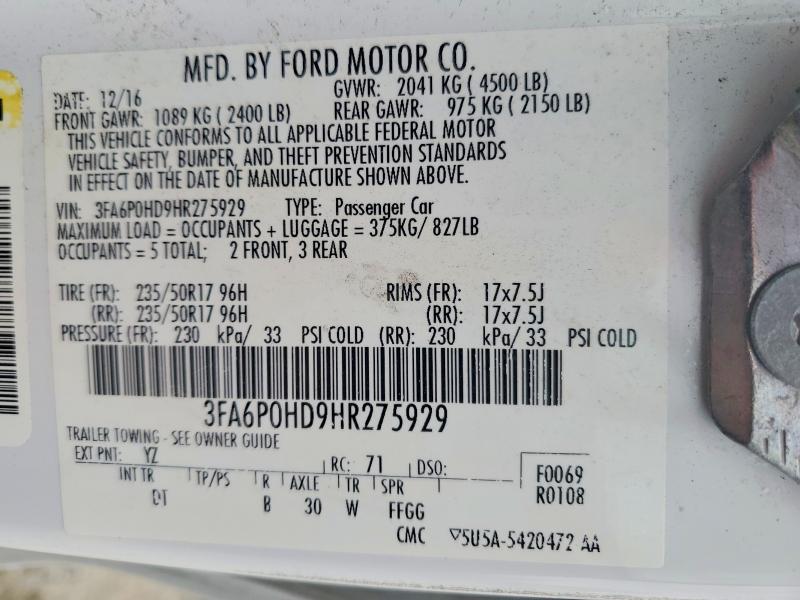 Продаж на аукціоні авто 2017 Ford Fusion, vin: 3FA6P0HD9HR275929, номер лоту: 61781066
