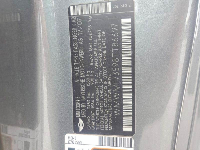 2008 Mini Cooper მანქანა იყიდება აუქციონზე, vin: WMWMF73598TT86697, აუქციონის ნომერი: 60898836