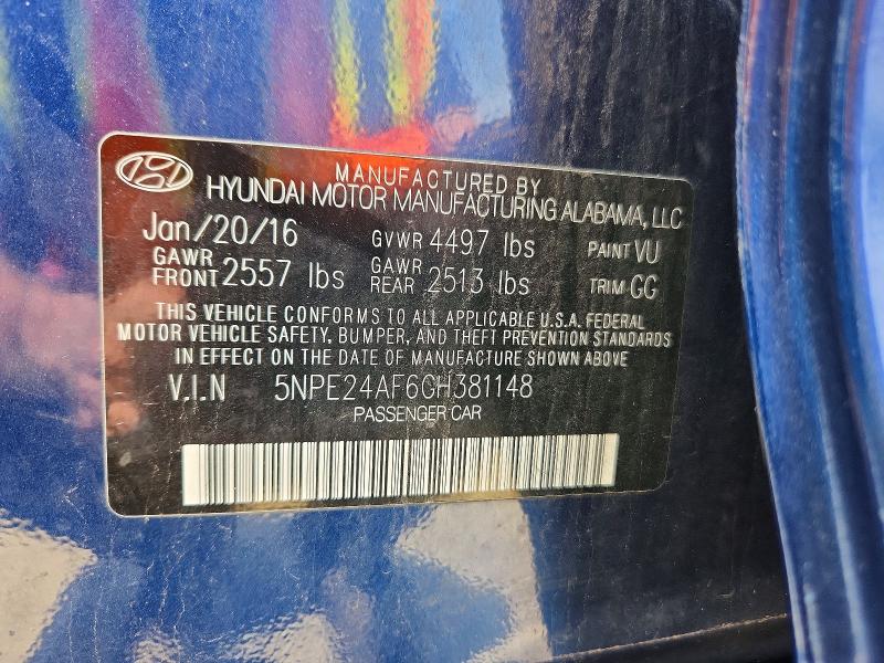 60766976 :رقم المزاد ، 5NPE24AF6GH381148 vin ، 2016 Hyundai Sonata مزاد بيع