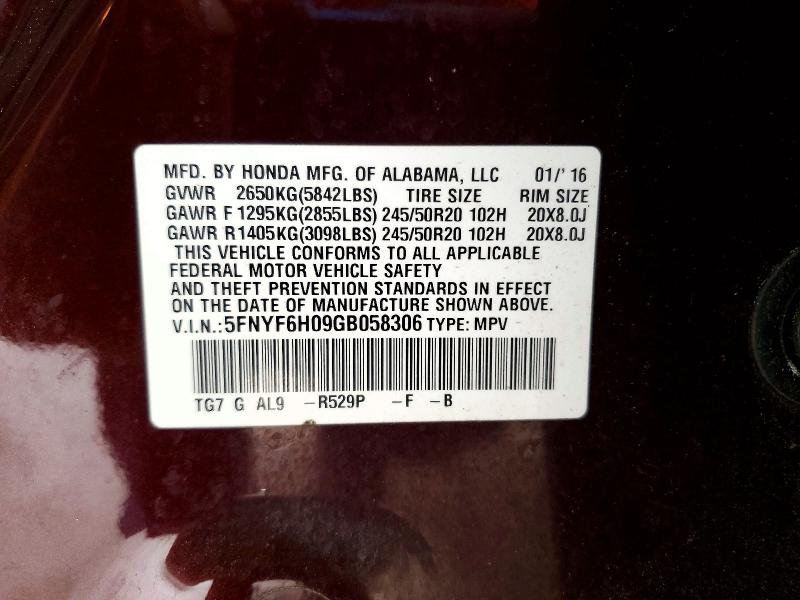 2016 Honda Pilot მანქანა იყიდება აუქციონზე, vin: 5FNYF6H09GB058306, აუქციონის ნომერი: 59403636