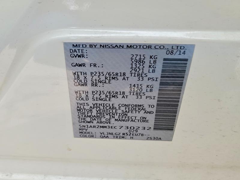 60588346 :رقم المزاد ، 5N1AR2MM3EC730232 vin ، 2014 Nissan Pathfinder مزاد بيع