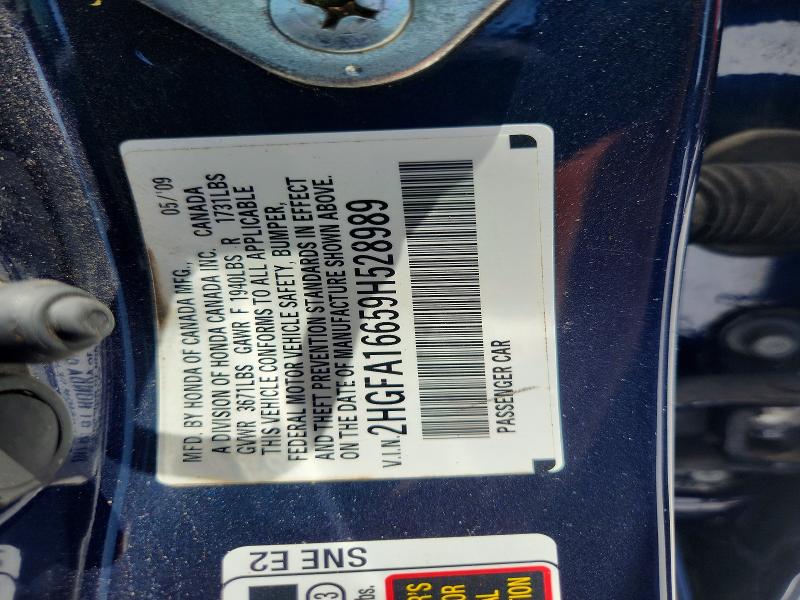 2009 Honda Civic მანქანა იყიდება აუქციონზე, vin: 2HGFA16659H528989, აუქციონის ნომერი: 62022116