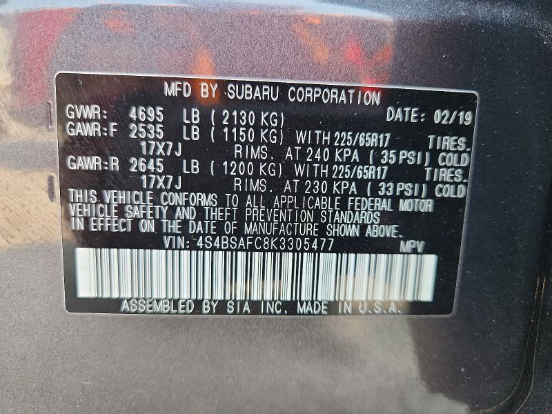62494406 :رقم المزاد ، 4S4BSAFC8K3305477 vin ، 2019 Subaru Outback مزاد بيع