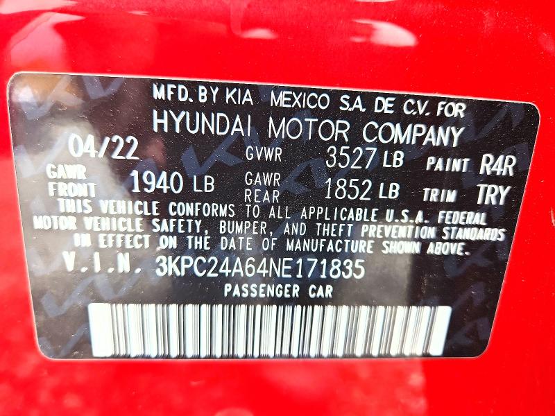 Продаж на аукціоні авто 2022 Hyundai Accent, vin: 3KPC24A64NE171835, номер лоту: 60826916