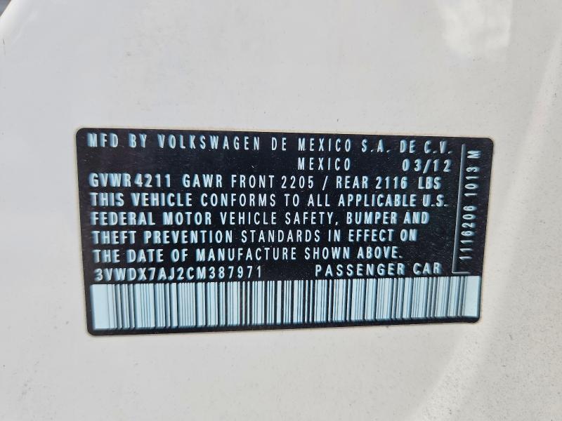 60246796 :رقم المزاد ، 3VWDX7AJ2CM387971 vin ، 2012 Volkswagen Jetta مزاد بيع