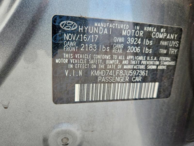 60438276 :رقم المزاد ، KMHD74LF8JU597361 vin ، 2018 Hyundai Elantra مزاد بيع