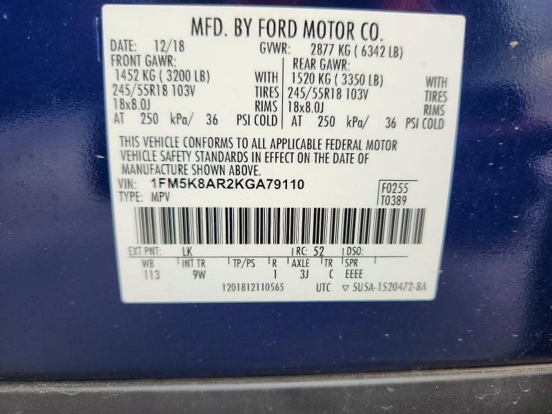 60851446 :رقم المزاد ، 1FM5K8AR2KGA79110 vin ، 2019 Ford Explorer مزاد بيع