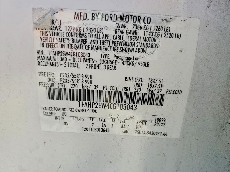2012 Ford Taurus მანქანა იყიდება აუქციონზე, vin: 1FAHP2EW4CG103043, აუქციონის ნომერი: 58151606