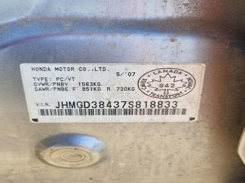 63312636 :رقم المزاد ، JHMGD38437S818833 vin ، 2007 Honda Fit مزاد بيع