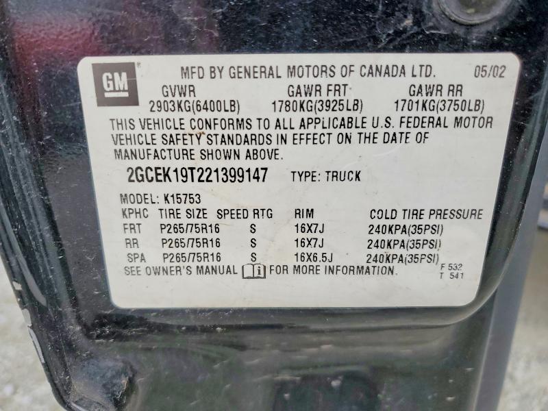2002 Chevrolet Silverado მანქანა იყიდება აუქციონზე, vin: 2GCEK19T221399147, აუქციონის ნომერი: 61205986