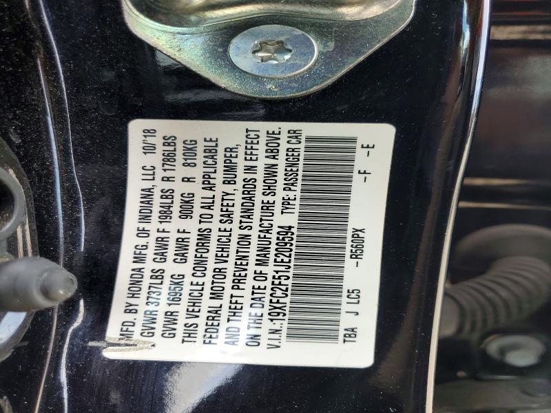 2018 Honda Civic მანქანა იყიდება აუქციონზე, vin: 19XFC2F51JE209594, აუქციონის ნომერი: 61758546
