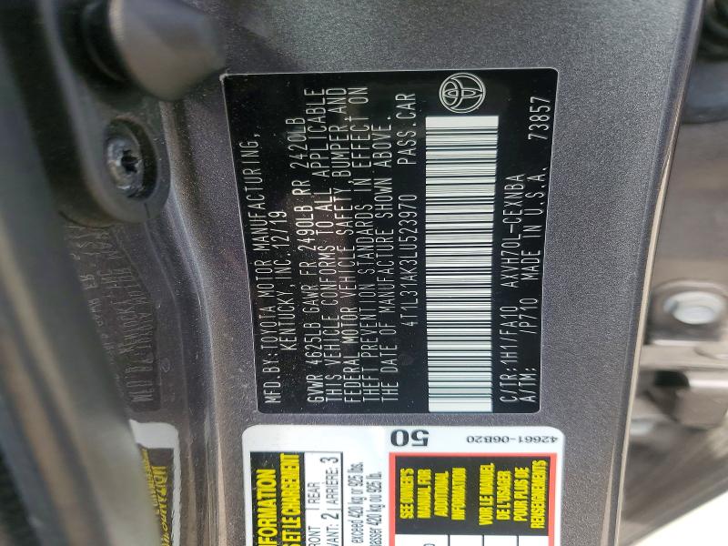 61167896 :رقم المزاد ، 4T1L31AK3LU523970 vin ، 2020 Toyota Camry مزاد بيع