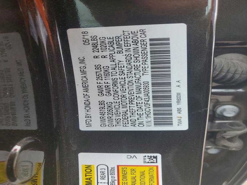 Продажа на аукционе авто 2018 Honda Accord, vin: 1HGCV3F43JA005930, номер лота: 60497126